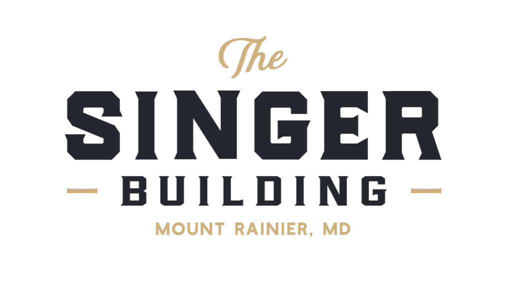 Logo for 'The Singer Building' in Mount Rainier, Maryland, with black background, gold and gray text.