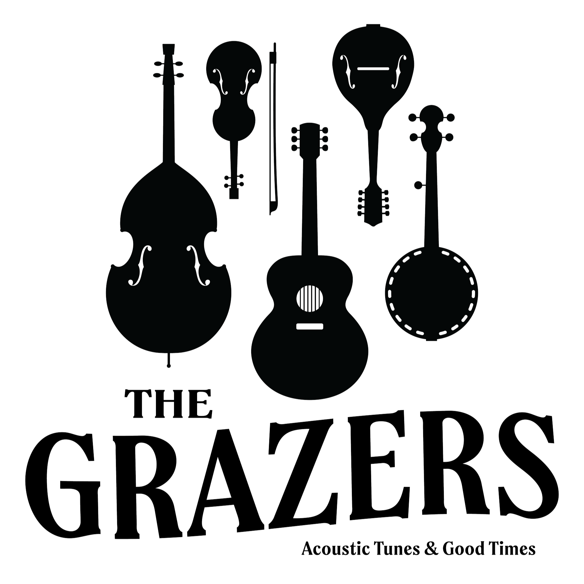 Illustration of three string instruments, a violin, a guitar, and a banjo, with the text "The Grazers" and the tagline "Acoustic Tunes & Good Times." Logo by Paper Robot.