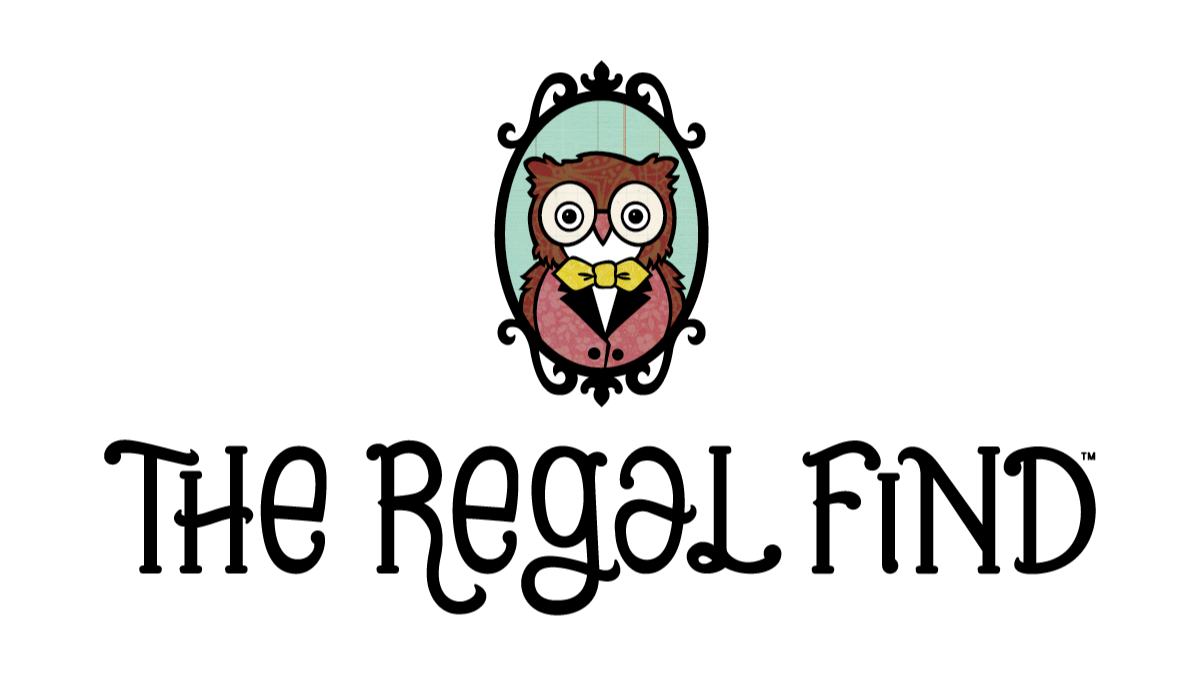 Logo for The Regal Find depicting an illustrated owl wearing glasses, a yellow bow tie, and a pink blazer, positioned inside an oval frame. The text is in a custom font drawn by Paper Robot.