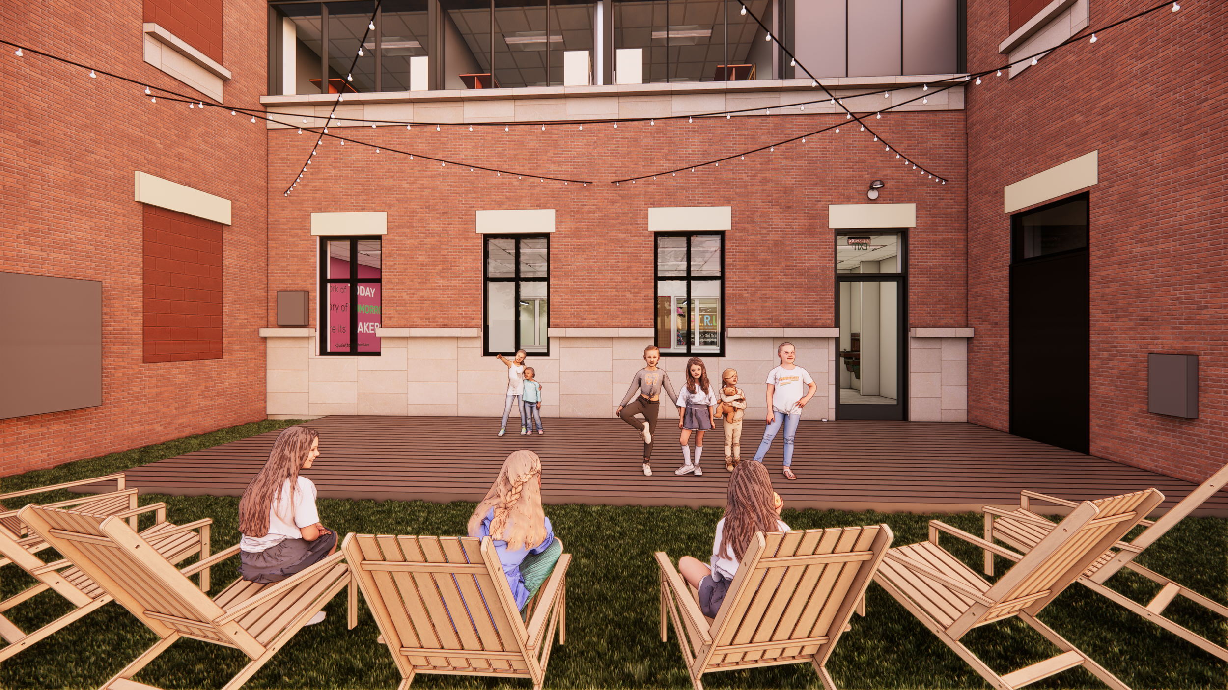 Exterior courtyard rendering by Richmond architecture and design firm smbw for the Girl Scouts of the Commonwealth of Virginia