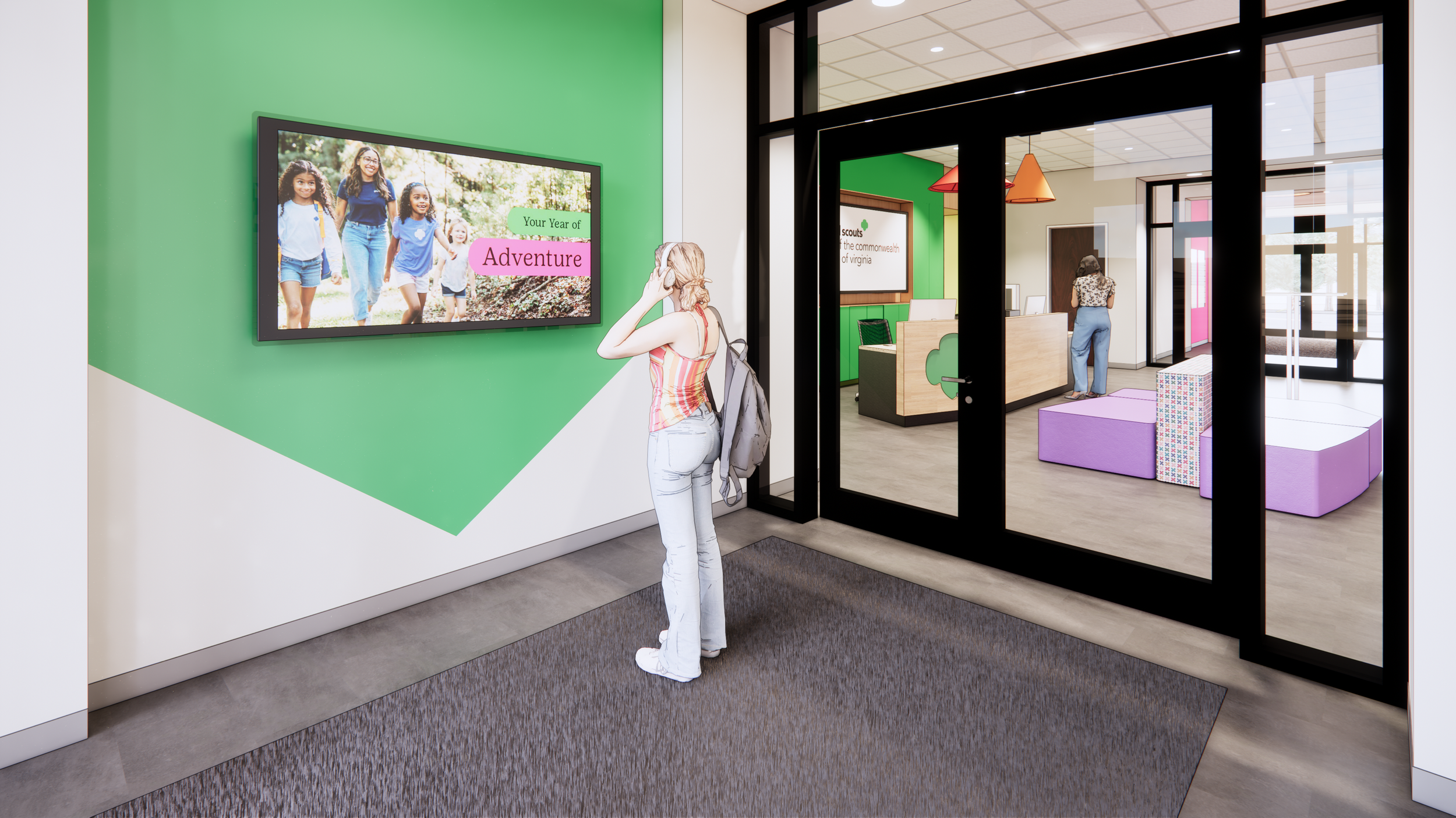 Interior entry rendering by Richmond architecture and design firm smbw for the Girl Scouts of the Commonwealth of Virginia