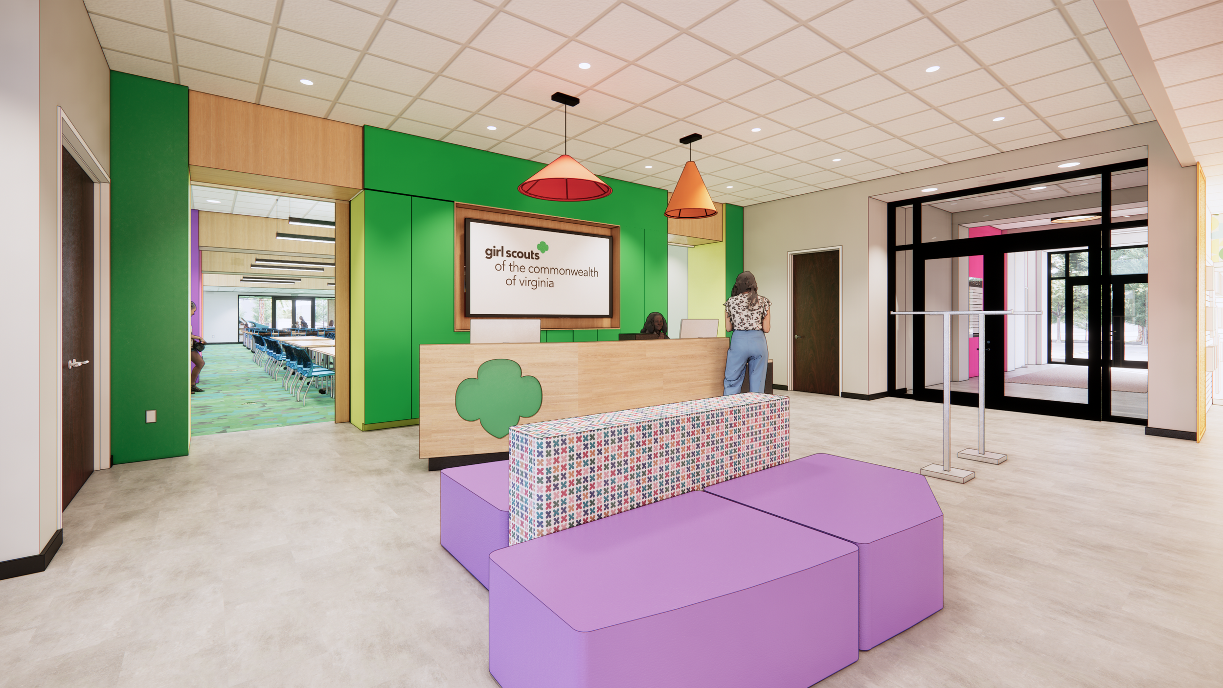 Interior lobby rendering by Richmond architecture and design firm smbw for the Girl Scouts of the Commonwealth of Virginia