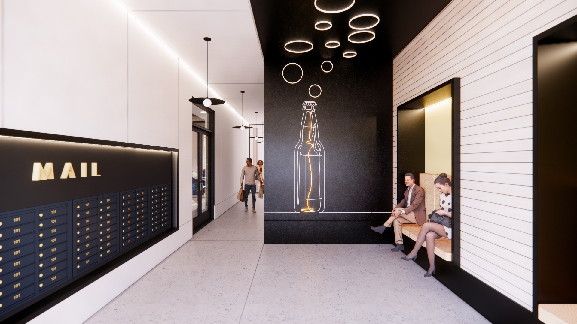 Interior rendering of lobby in SMBW mixed-use development Soda Flats in RVA's Scotts Addition