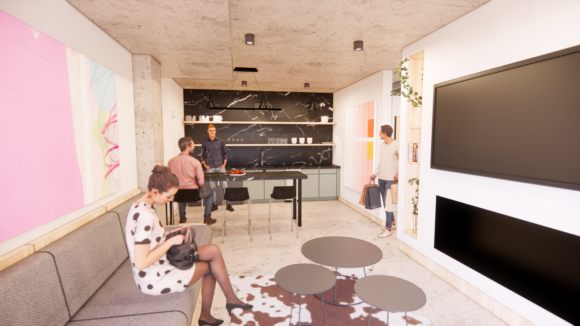 Interior rendering of community room in SMBW mixed-use development Soda Flats in RVA's Scotts Addition