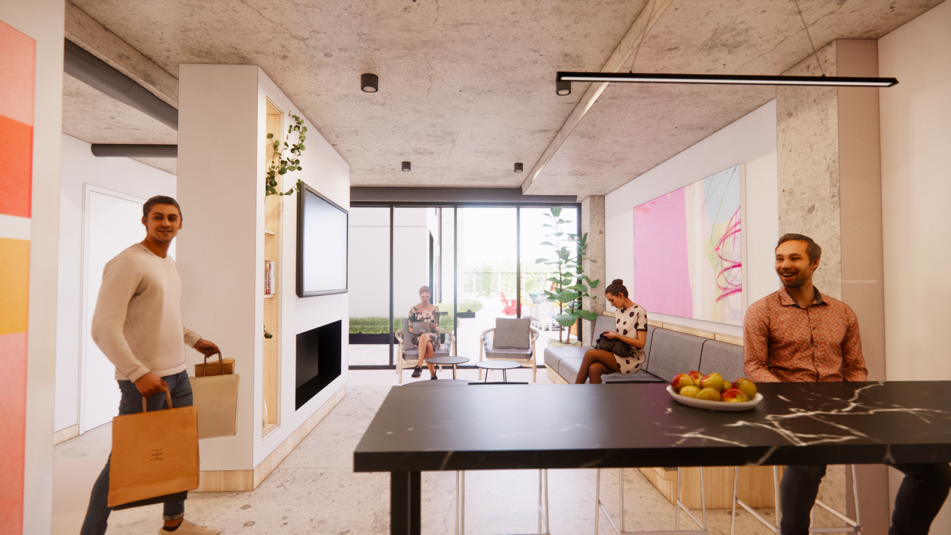 Interior rendering of community room in SMBW mixed-use development Soda Flats in RVA's Scotts Addition