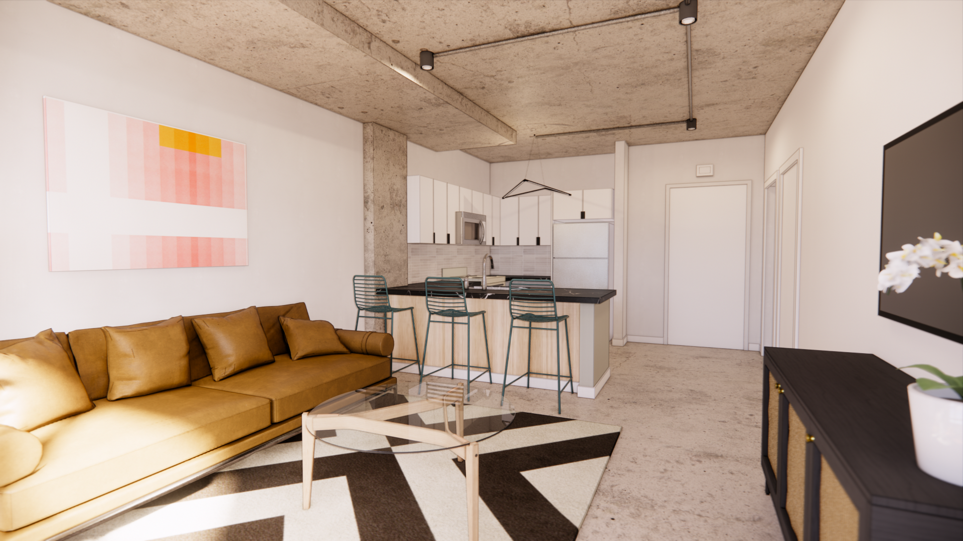 Interior rendering of unit in SMBW mixed-use development Soda Flats in RVA's Scotts Addition