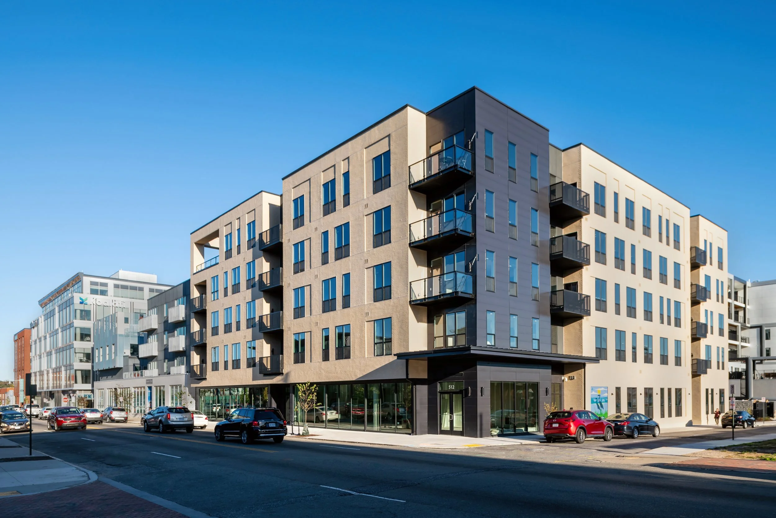 Exterior shot of smbw mixed-use architecture project The Cove in the Manchester neighborhood of Richmond, Virginia