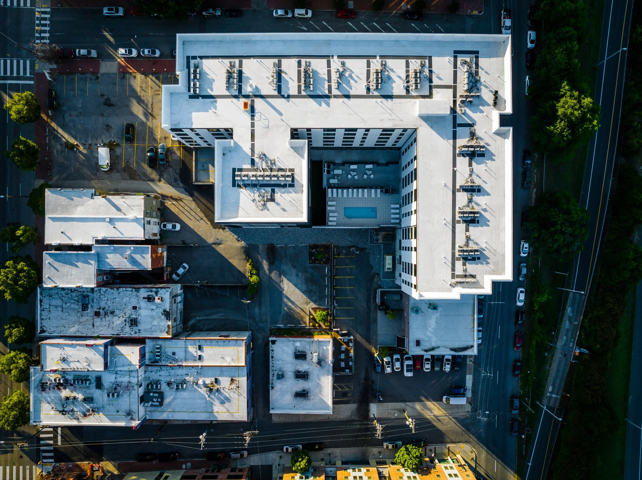 Aerial shot of SMBW mixed-use development One Canal on the corner of First and Canal in the Monroe Ward neighborhood