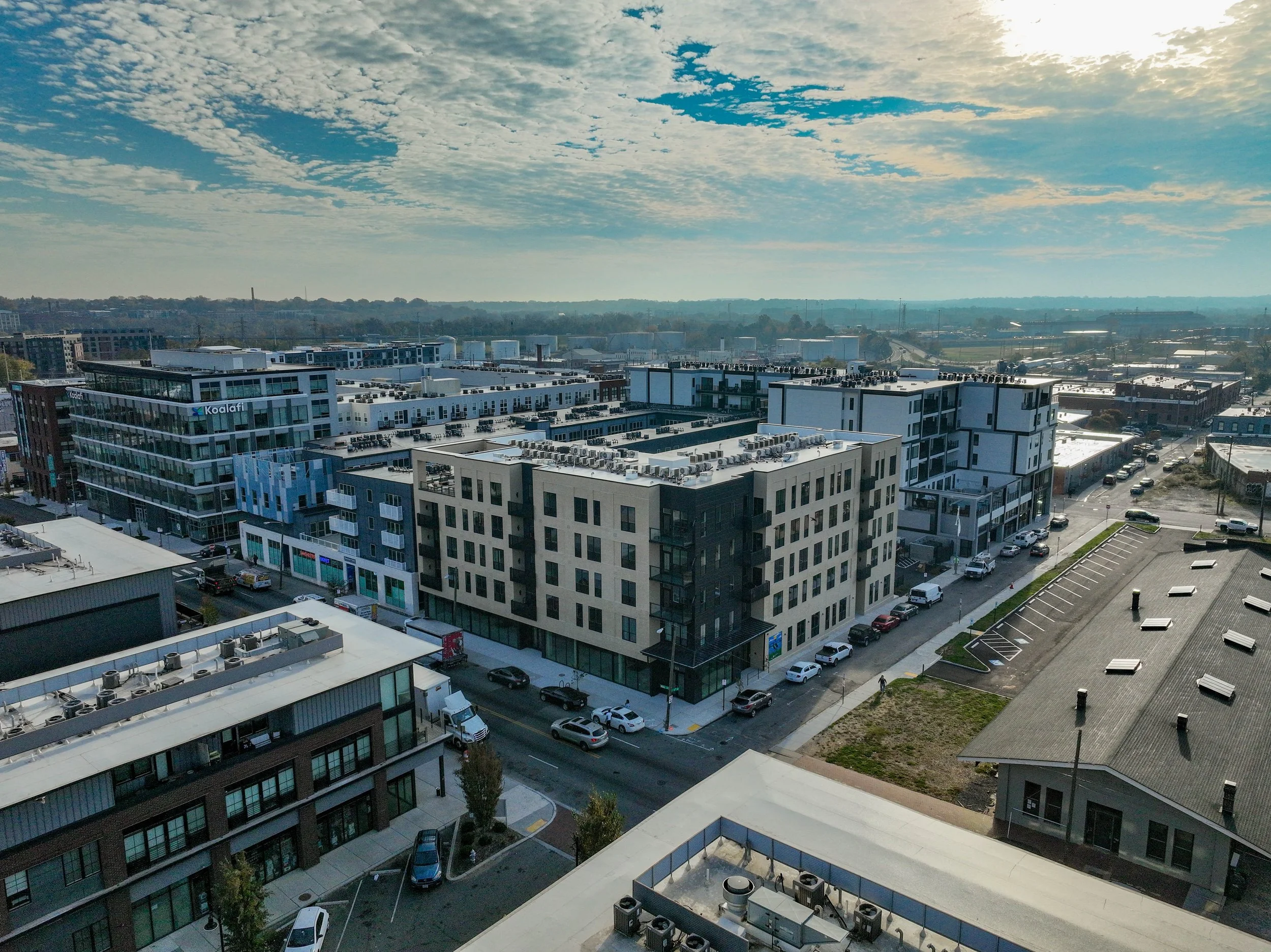 Exterior shot of smbw mixed-use architecture project The Cove in the Manchester neighborhood of Richmond, Virginia