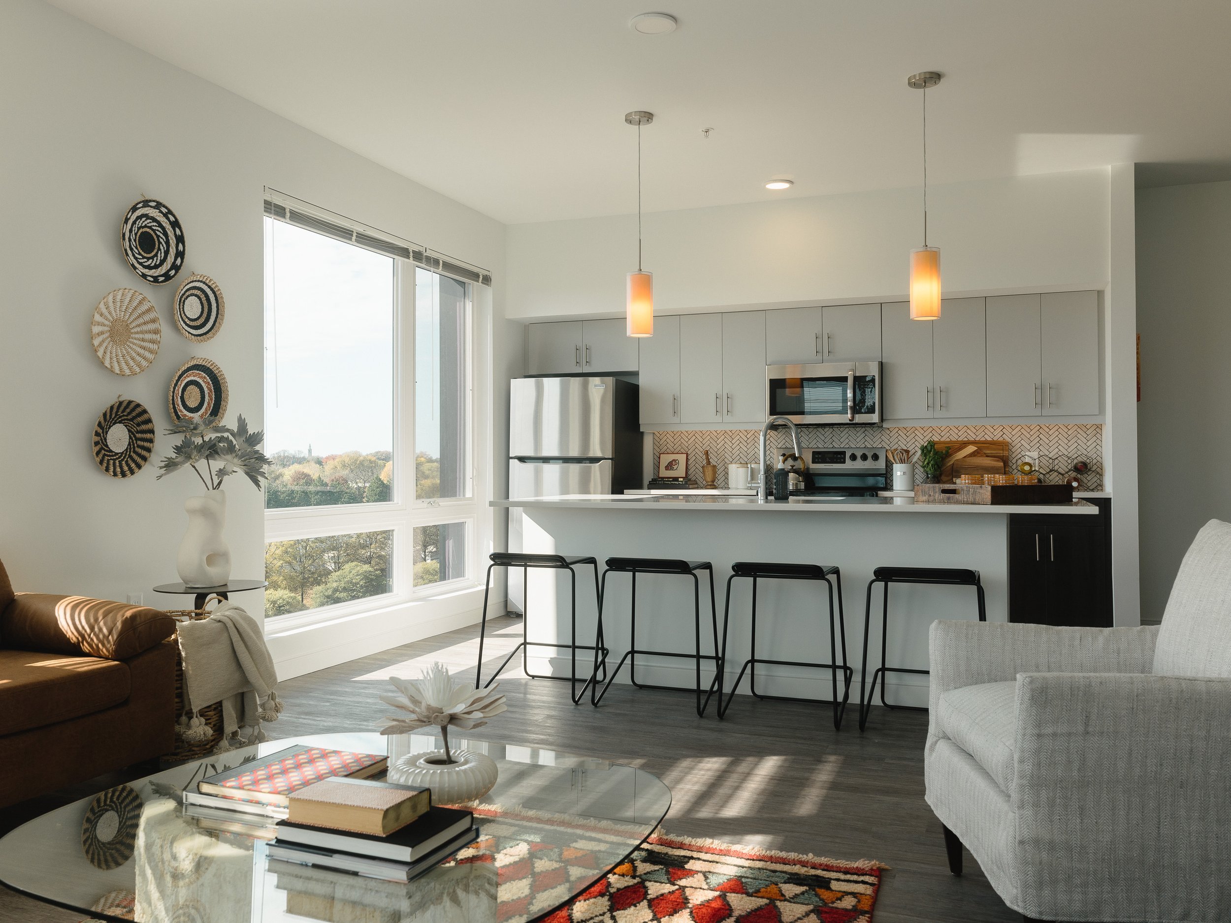 Interior shot of unit kitchen in SMBW mixed-use development One Canal on the corner of First and Canal in the Monroe Ward neighborhood