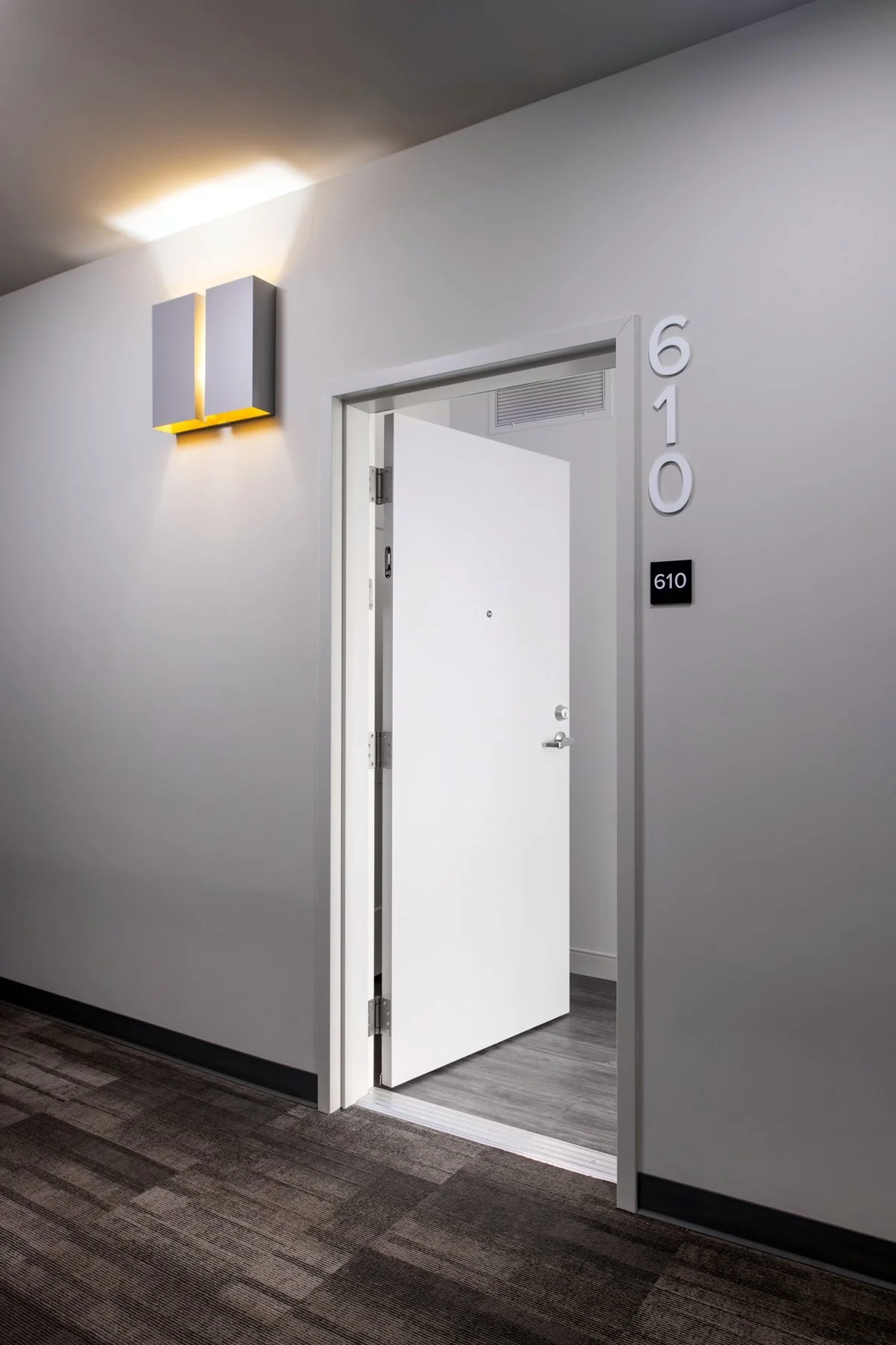 Interior shot of unit door in SMBW mixed-use development One Canal on the corner of First and Canal in the Monroe Ward neighborhood