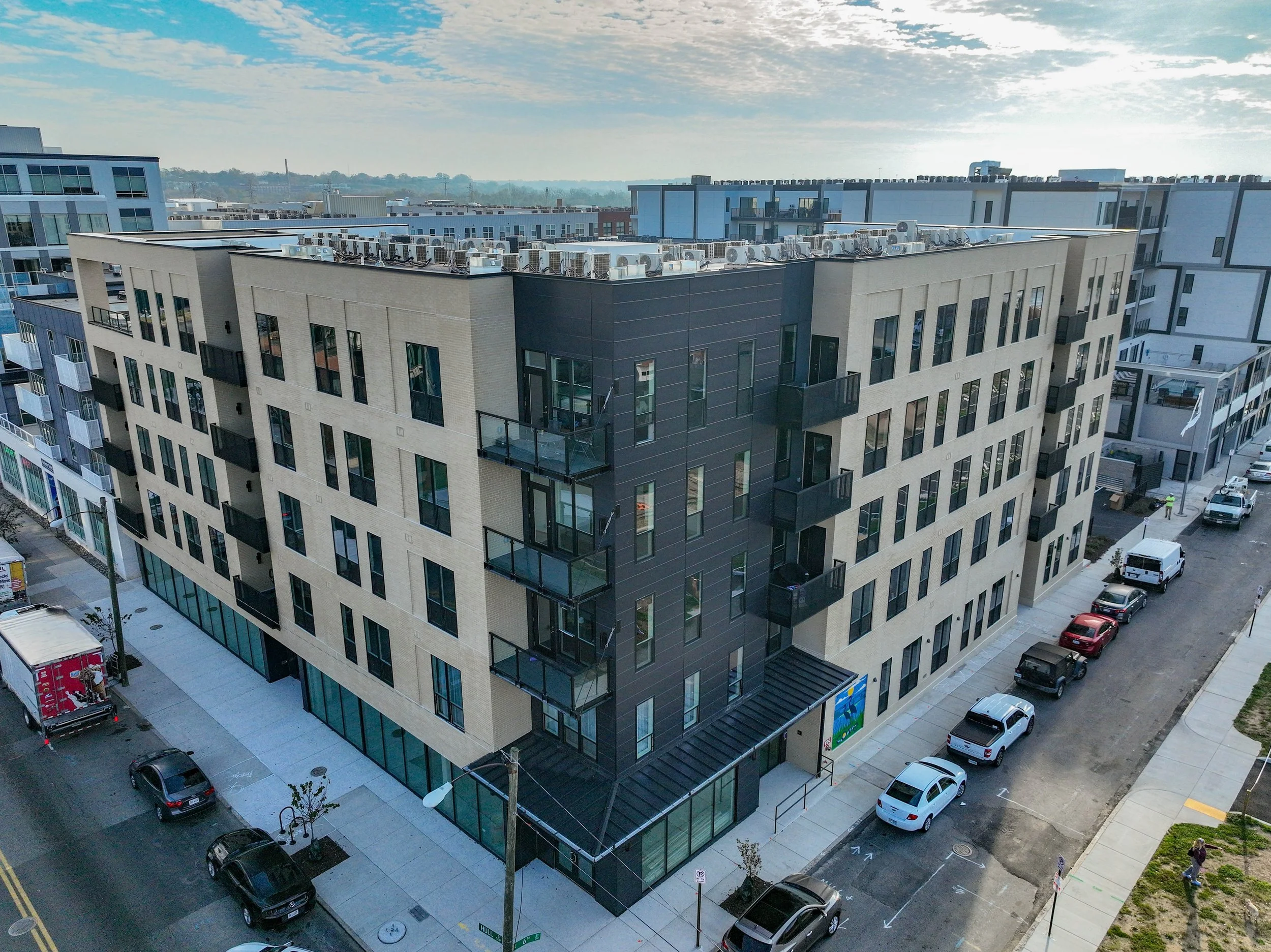 Exterior shot of smbw mixed-use architecture project The Cove in the Manchester neighborhood of Richmond, Virginia