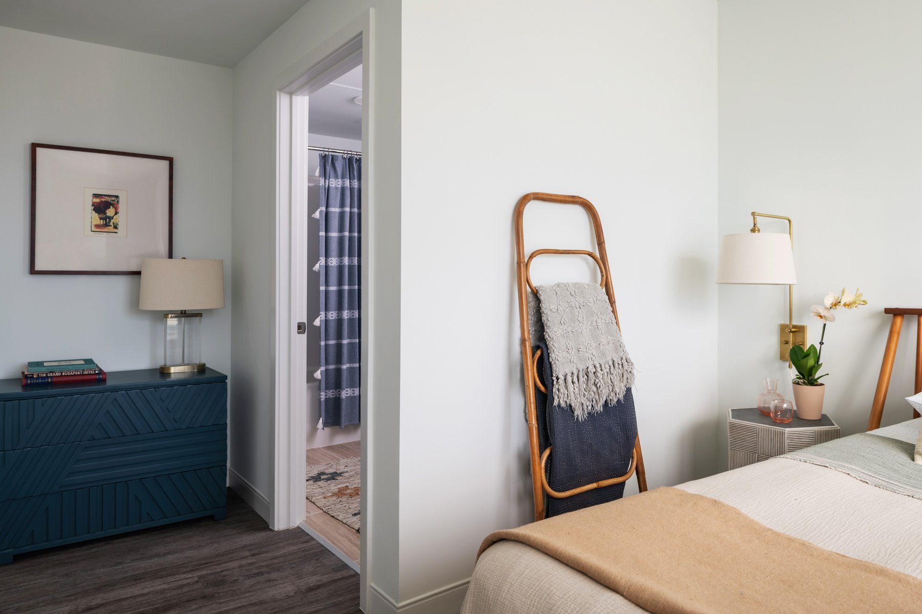 Interior shot of unit bedroom and bath in SMBW mixed-use development One Canal on the corner of First and Canal in the Monroe Ward neighborhood
