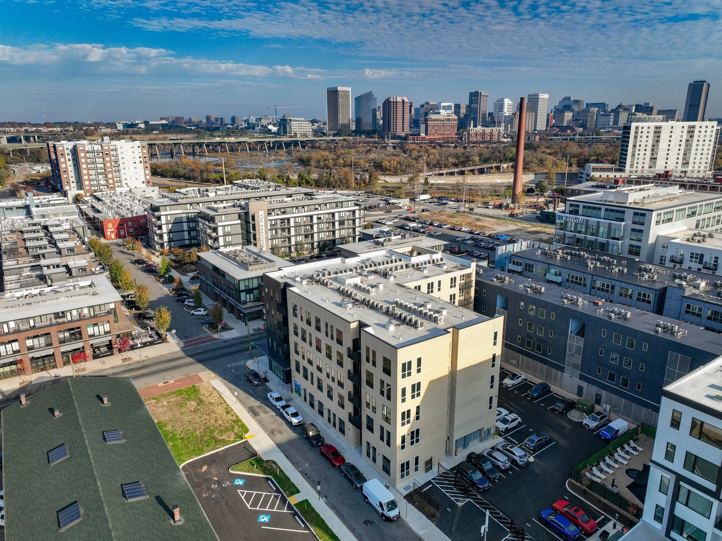 Exterior shot of smbw mixed-use architecture project The Cove in the Manchester neighborhood of Richmond, Virginia