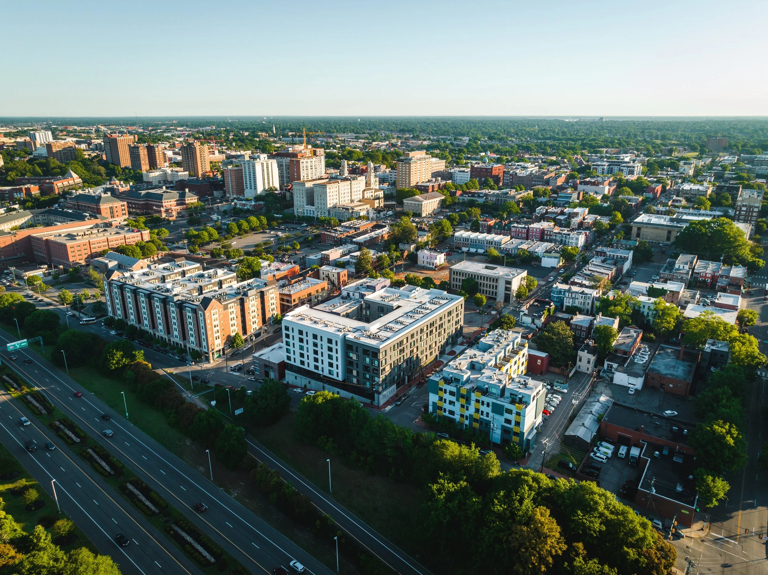 Aerial shot of SMBW mixed-use development One Canal on the corner of First and Canal in the Monroe Ward neighborhood