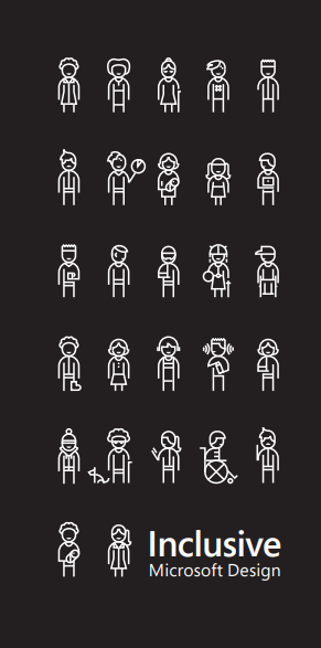 A collection of line art icons representing diverse individuals, including people with different clothing, accessories, and abilities, emphasizing inclusivity.