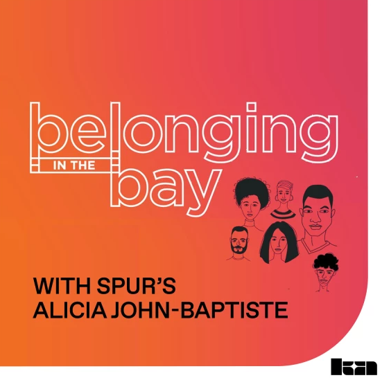 Book cover titled "Belonging in the Bay" with illustrations of diverse people and text "With Spur’s Alicia John-Baptiste" and a black logo in the bottom right corner.