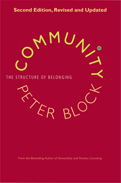 Book cover titled 'Community Petter Block' with subtitle 'The Structure of Belonging' in red with yellow and pink text.
