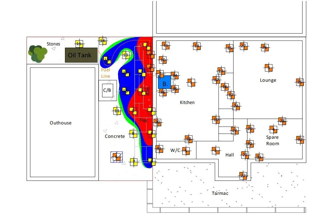 Site plan of a building showing an oil tank, concrete area, and landscape, with a fire evacuation zone highlighted in red and yellow around the kitchen entrance and side path.