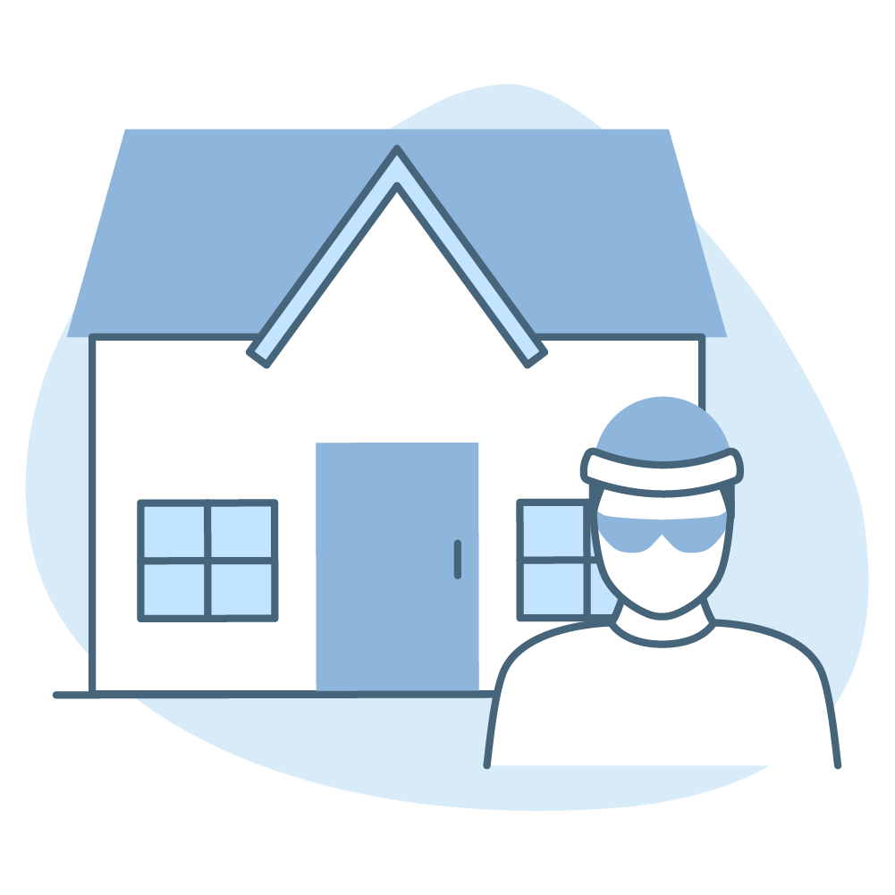 Illustration of a person wearing sunglasses and a cap in front of a house, with mountains in the background.