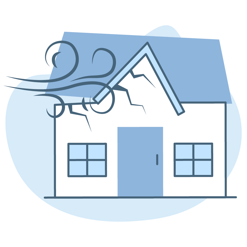 A house with a cracked roof and broken chimney, indicating damage from a storm or accident.