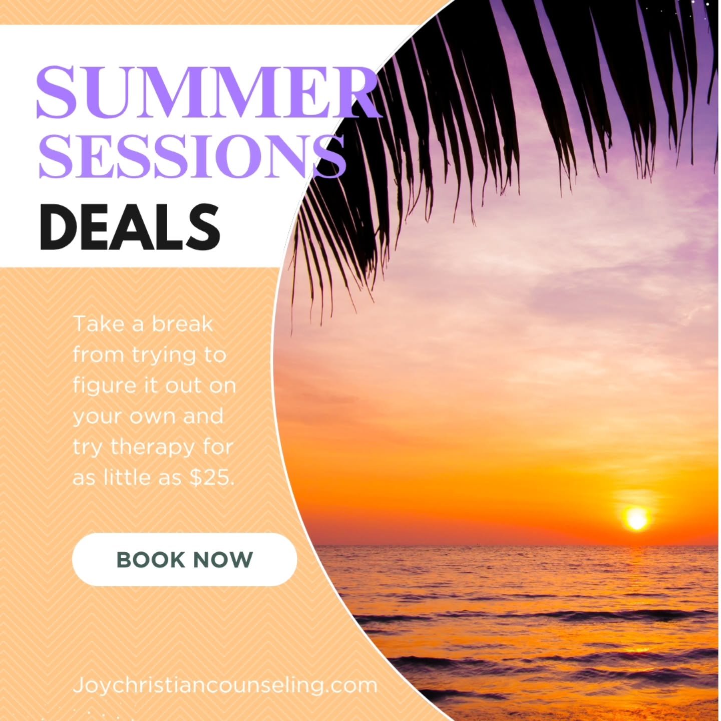 🌞 This summer, take a break&mdash;from carrying it all alone.

You don&rsquo;t have to keep trying to figure it out by yourself. Therapy can be the support you&rsquo;ve been praying for. 💛

We&rsquo;re offering Summer Session Discounts to help make