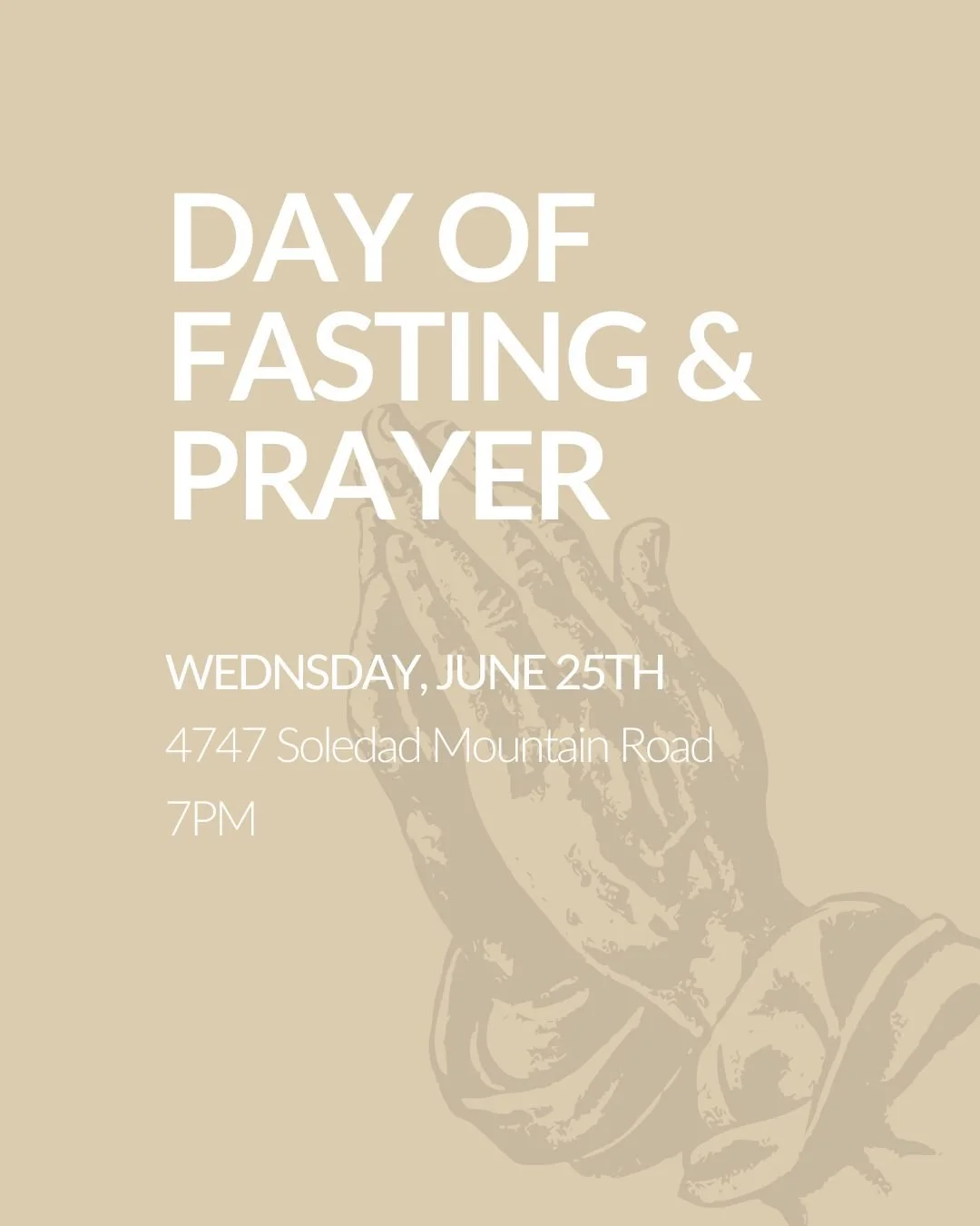 Join us this Wednesday for an evening of prayer at our church building. Let&rsquo;s set aside intentional time to seek the Lord together! If you&rsquo;re able, we also encourage fasting in preparation for this time. Be sure to break your fast before 