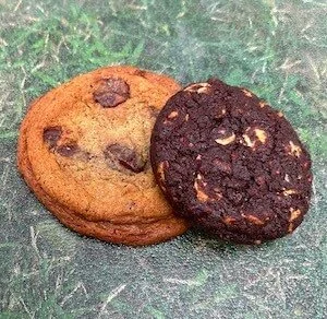 A chocolate cookie and a chocolate chip cookie