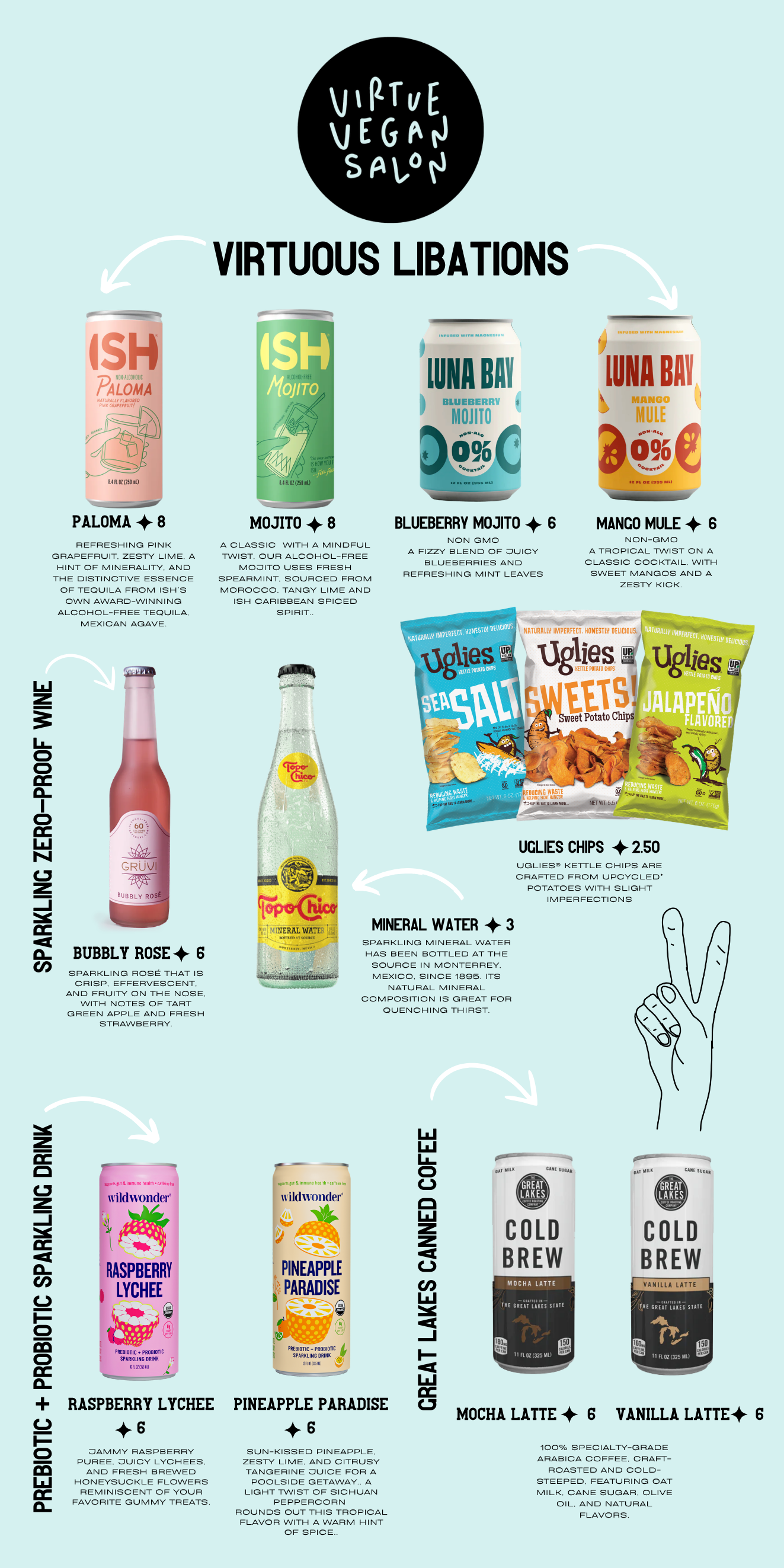 A graphic menu for Virtuous Libations at Virtue Vegan Salon, featuring various beverages including canned drinks, bottled water, chips, and canned coffee, with descriptions and prices.