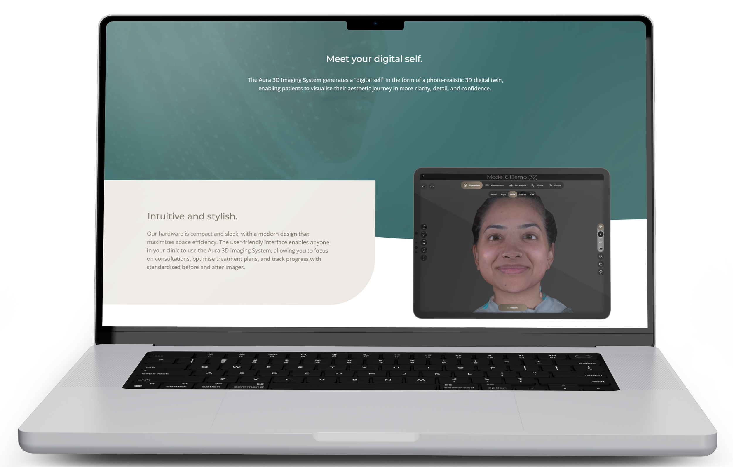 Open laptop displaying a webpage about Aura 3D Imaging System. The page features a stylized background, a main heading 'Meet your digital self,' and a subheading explaining the system. There is an image of a woman’s face on the right side of the page