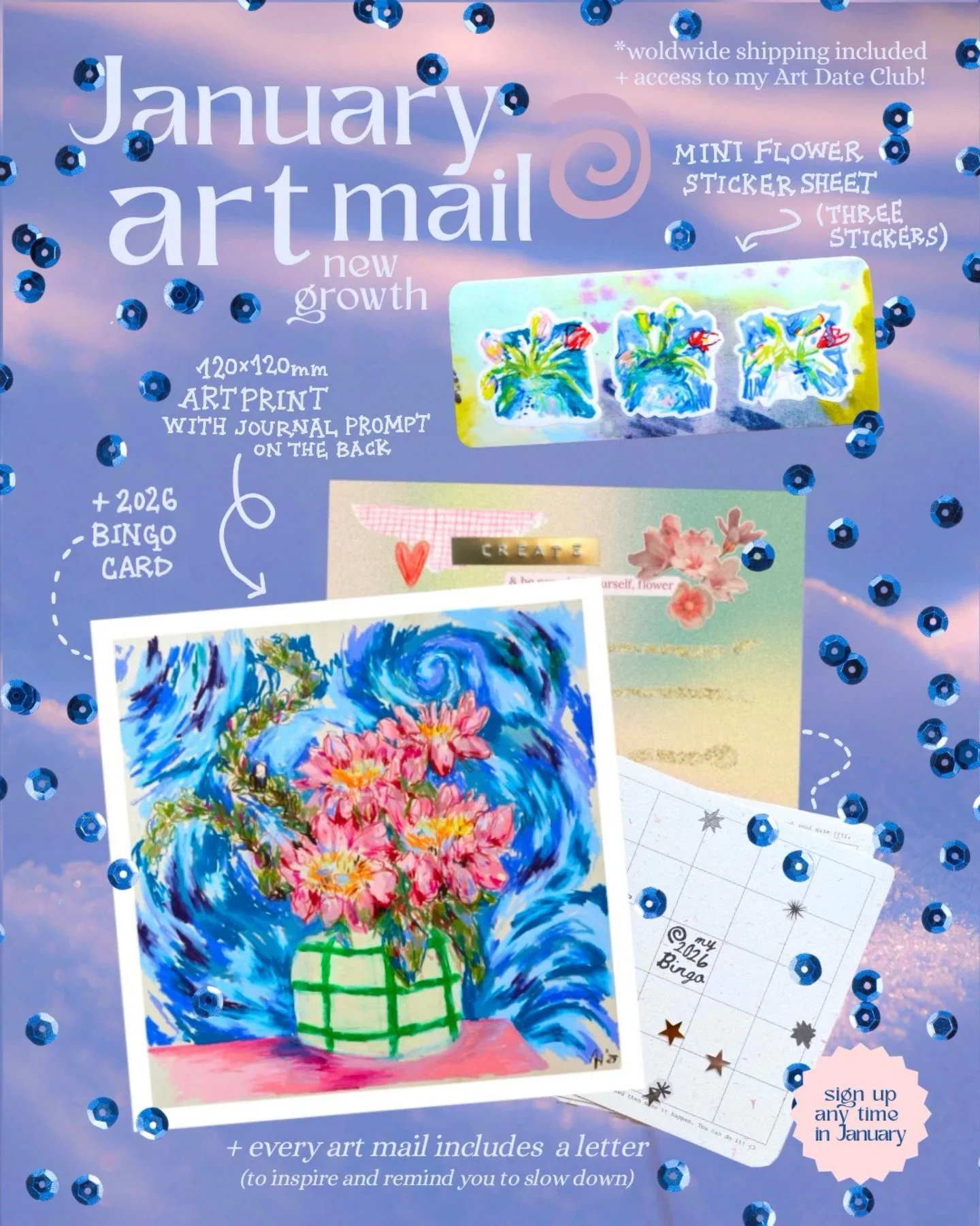 New year, new growth.
This month&rsquo;s Art Mail is inspired by fresh beginnings,  and the enjoyment of becoming 🤍

This January Art Mail includes:
✨A square print of my pastel painting on wood featuring peonies under a hopeful blue sky🩵 The wood 