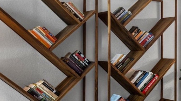 close up of custom wood book shelf - custom walnut bookcase