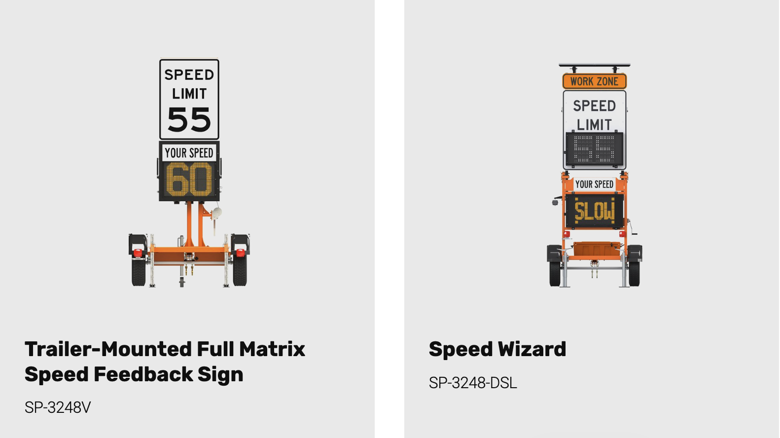 Trailer-mounted full matrix speed feedback sign next to a Speed Wizard sign. Both from Ver-Mac.