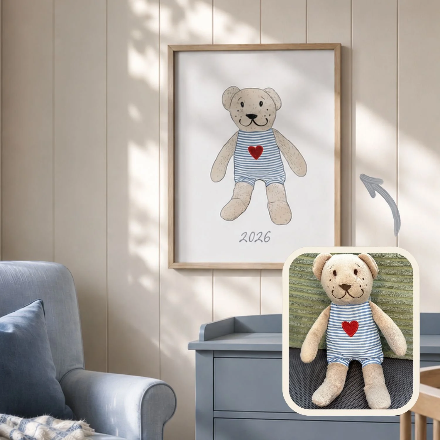 A plush teddy bear in a striped outfit with a red heart, sitting on a textured green surface, with a larger framed illustration of the same bear on the wall behind, and a smaller photo of the bear in the corner.
