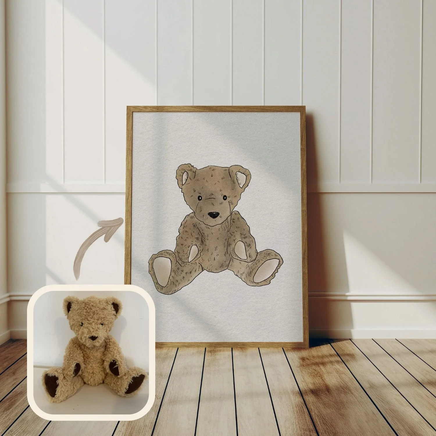 A framed illustration of a teddy bear sitting on a white background, leaning against a wall. The teddy bear has a tan, textured appearance with darker shading, large ears, black eyes, and a black nose.