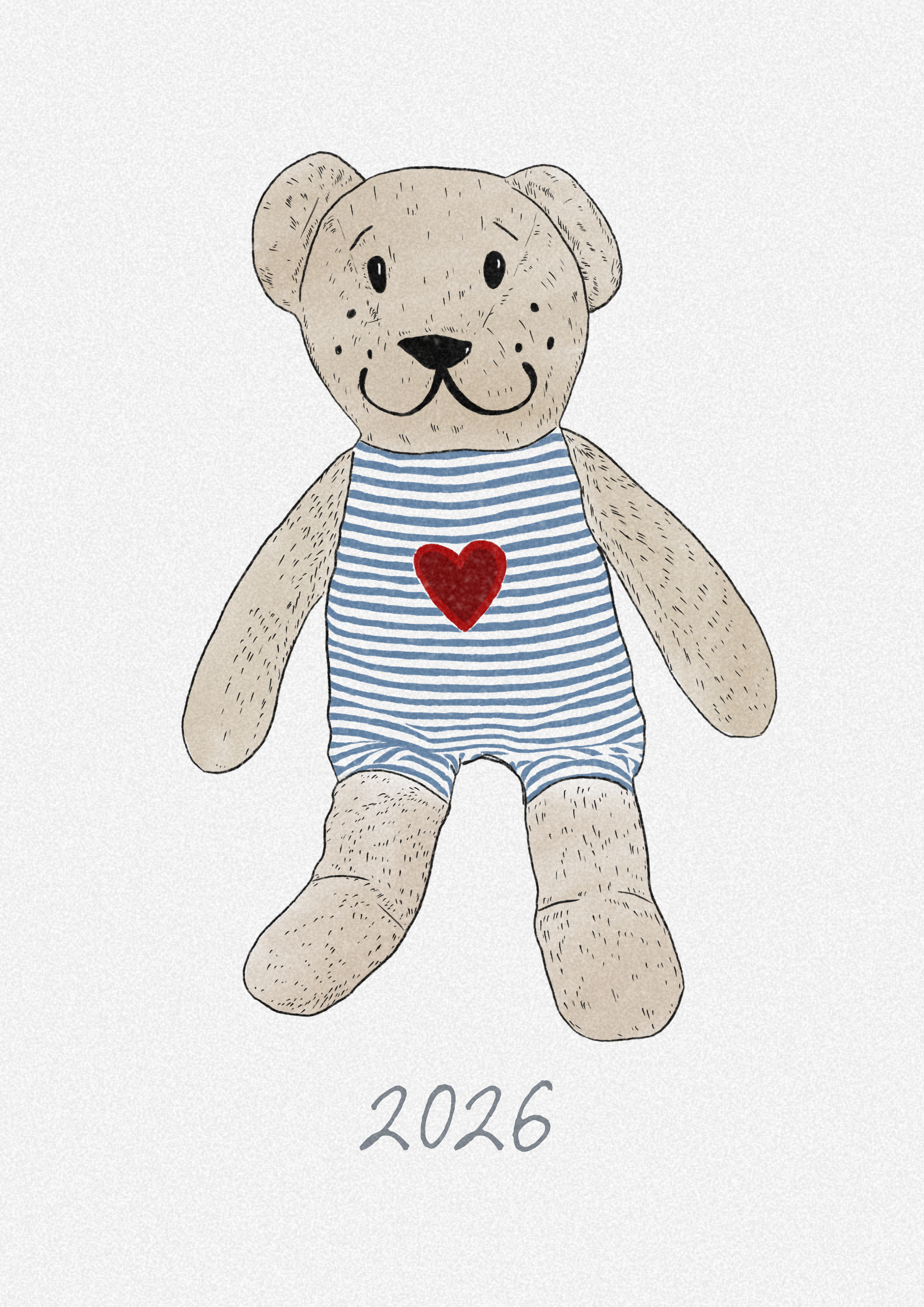 Illustration of a teddy bear with a striped shirt and a red heart on the chest, with the year 2026 written below.