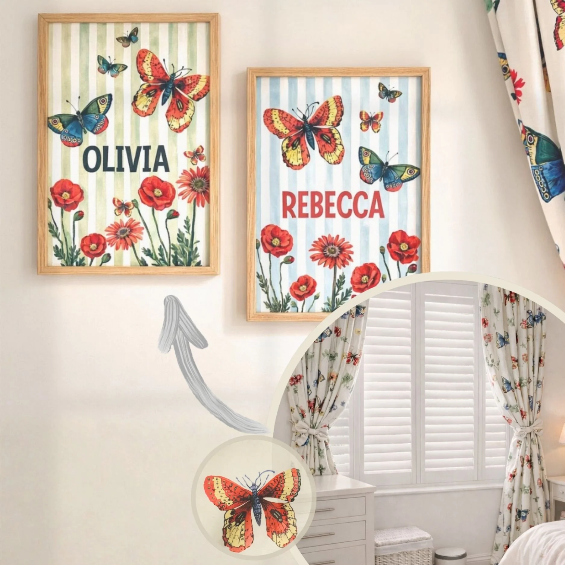 Decorative bedroom wall with two framed posters featuring colorful butterfly and flower illustrations with personalized names Olivia and Rebecca. Floral curtains with butterfly patterns hang in front of white window shutters.