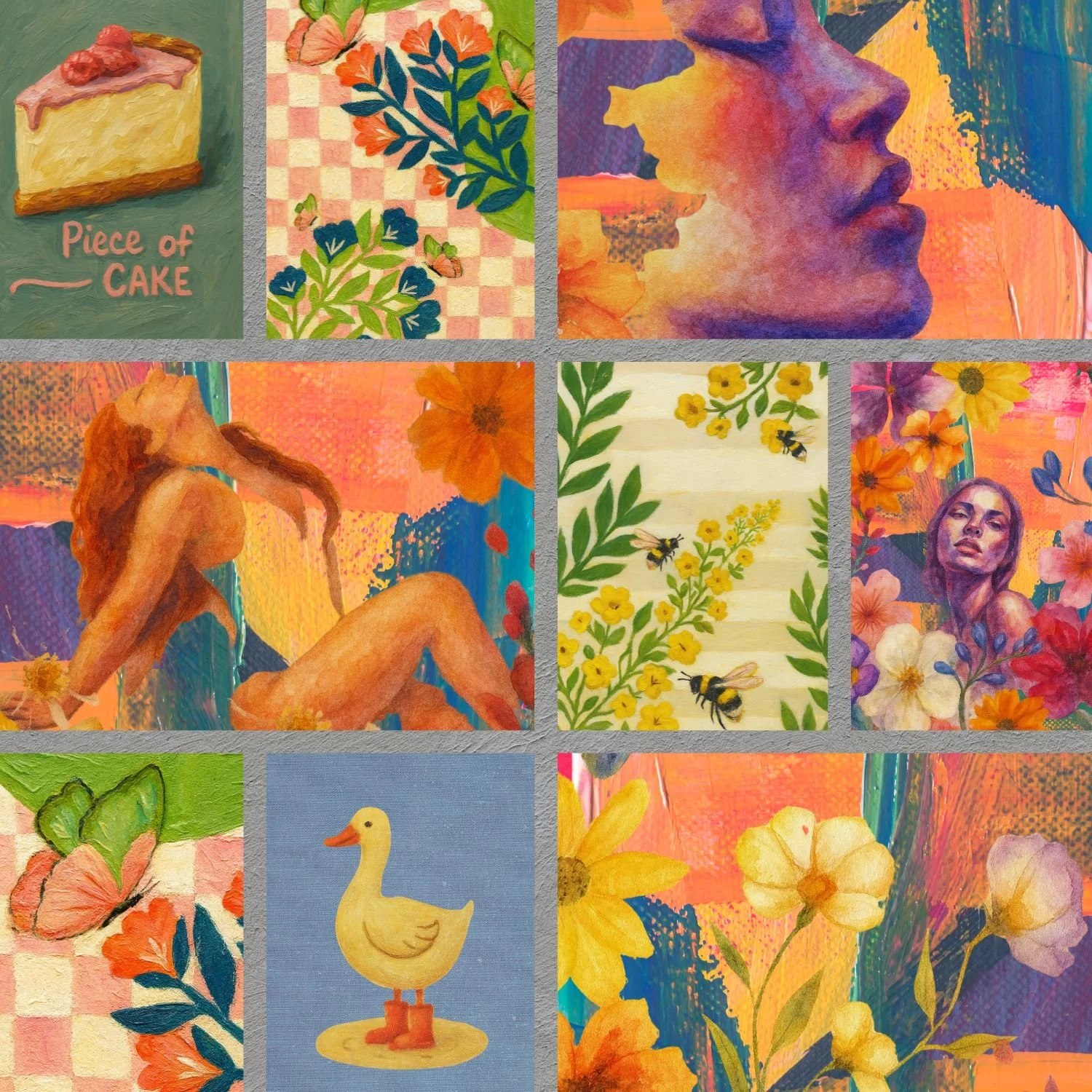 Collage of various painted artworks, including a slice of cake with strawberries, floral patterns, a profile portrait of a woman, a reclining nude woman, bees among yellow flowers, a woman surrounded by flowers, a butterfly with flowers, a duck, and colorful abstract backgrounds.