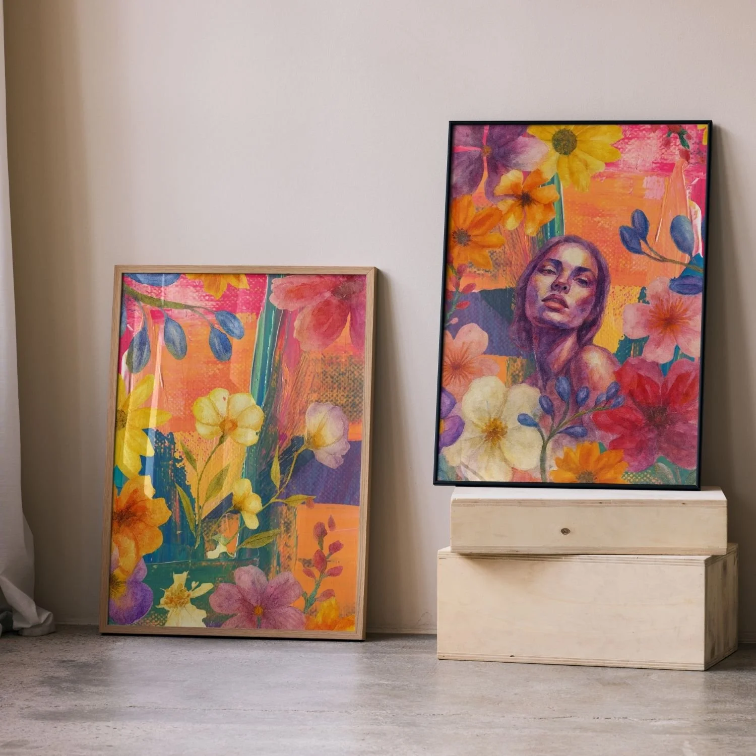 A framed colorful painting of a woman's portrait surrounded by bright floral patterns, displayed on a wooden stand against a white wall.