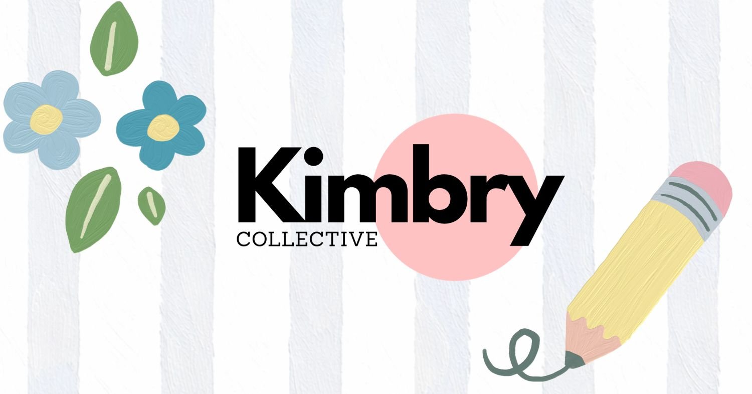 Design featuring the text "Kimby COLLECTIVE" with blue flowers, green leaves, and a yellow pencil on a white background with light gray vertical stripes.