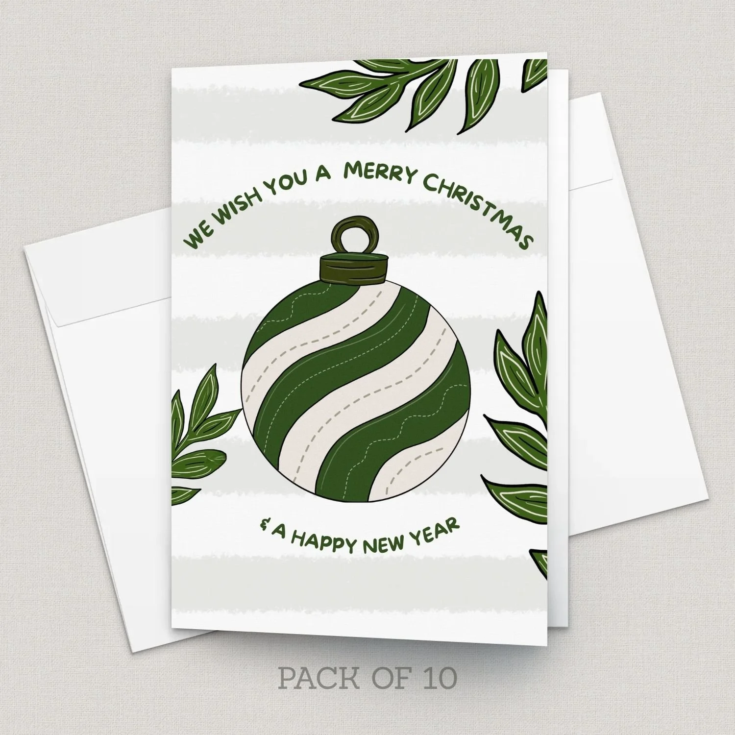 Merry Christmas | Green Bauble | Greeting Card | Pack of 10