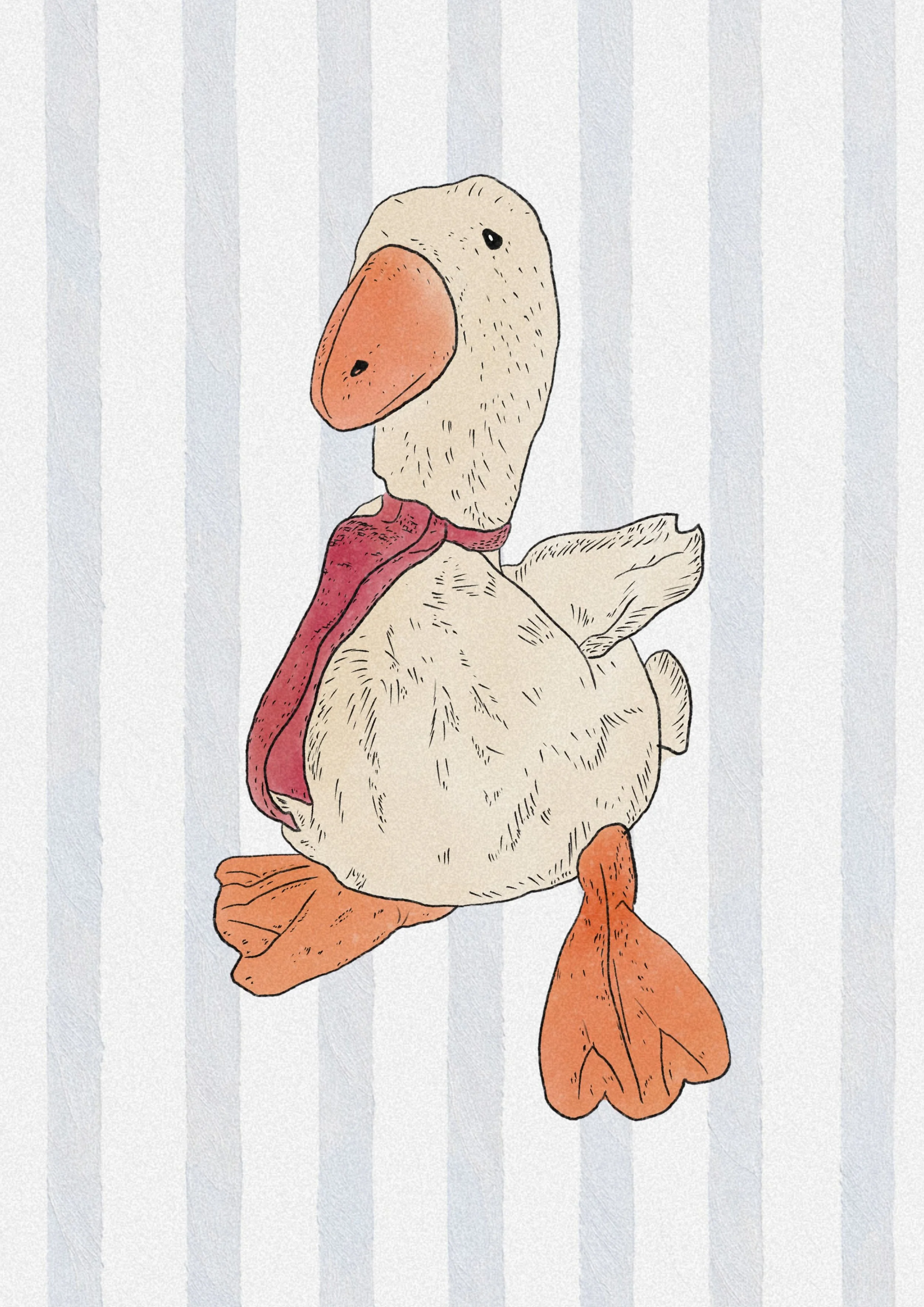 A hand-drawn illustration of a duck with a large orange beak, wearing a red scarf, set against a background with vertical light gray stripes.