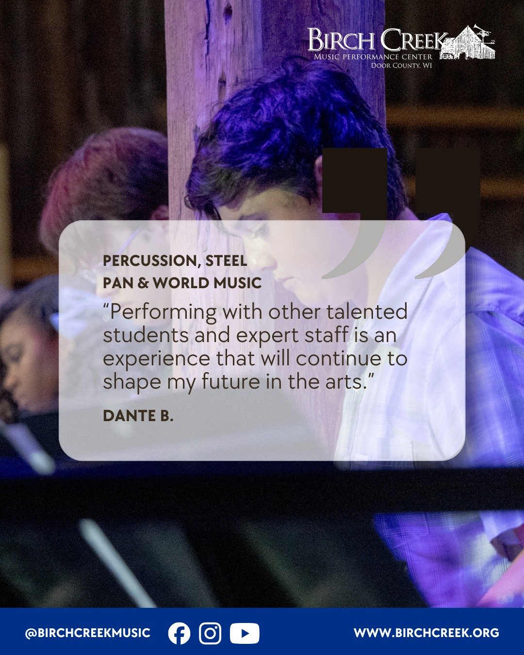 Percussion, Steel Pan &amp; World Music 🎵
Two weeks. Endless rhythms. Summer 2026.
Join us June 14&ndash;27 to explore jazz mallets, world percussion, and improvisation. Perform in ensembles and learn side by side with amazing faculty!
Scholarships 