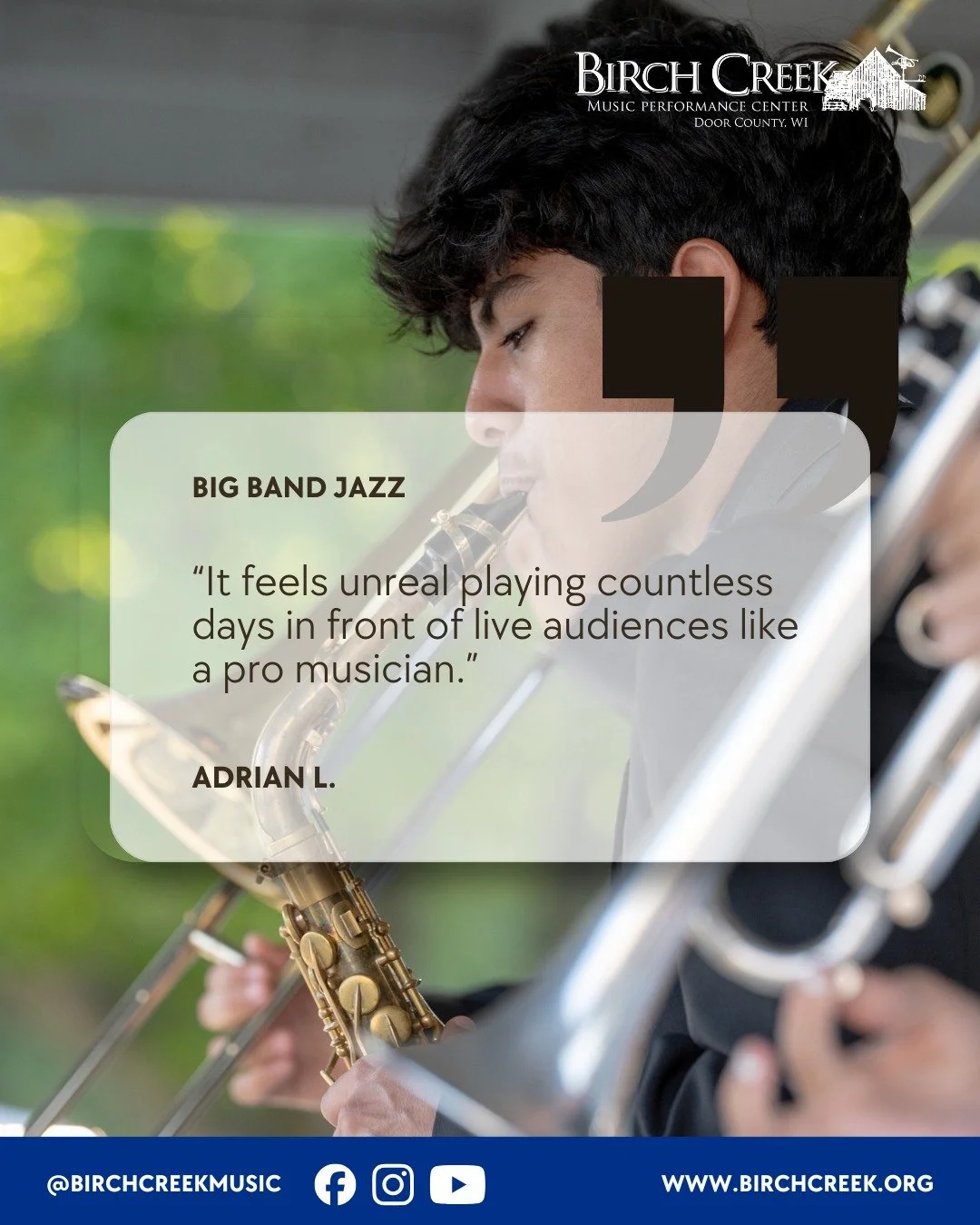 Big Band Jazz I &amp; II 🎷🥁
Two weeks of pure jazz energy! Summer 2026.

Jazz I: July 12&ndash;25
Jazz II: July 26&ndash;Aug 8

Join Birch Creek&rsquo;s Jazz Sessions to master fundamentals, improvise, and play in combos and big bands with world-cl