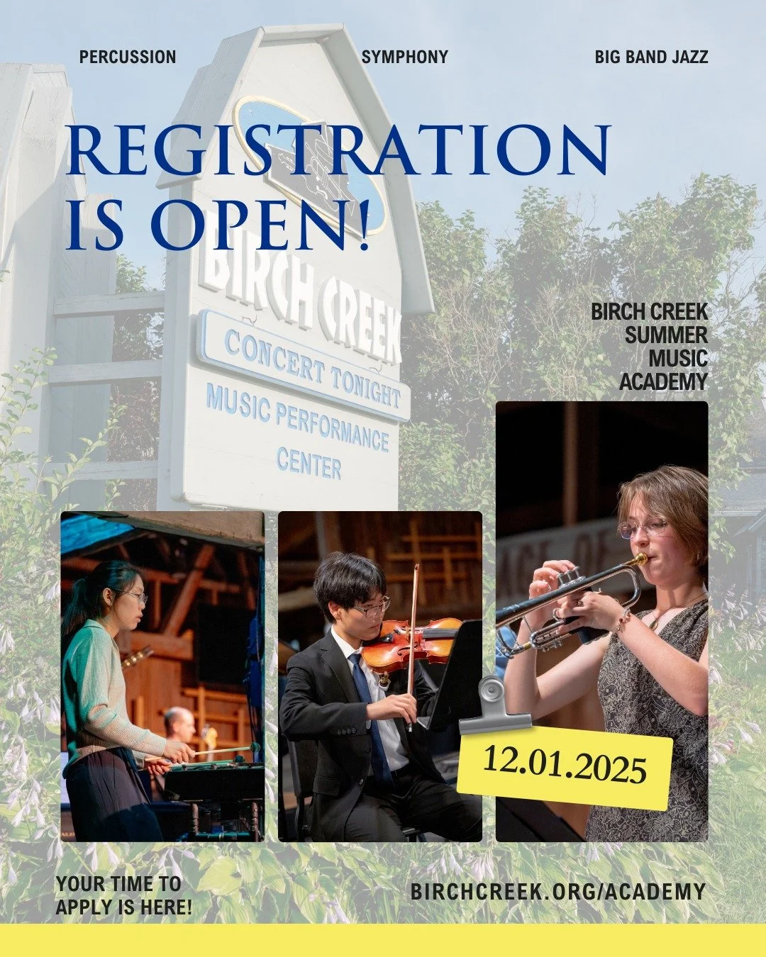 Registration is OPEN for Summer 2026 at Birch Creek! 🎶✨

Choose your session:
🥁 Percussion, Steel Pan &amp; World Music
June 14&ndash;27, 2026

🎻 Symphony Academy Session
June 28&ndash;July 11, 2026

🎷 Big Band Jazz I
July 12&ndash;25, 2026

🎷 B