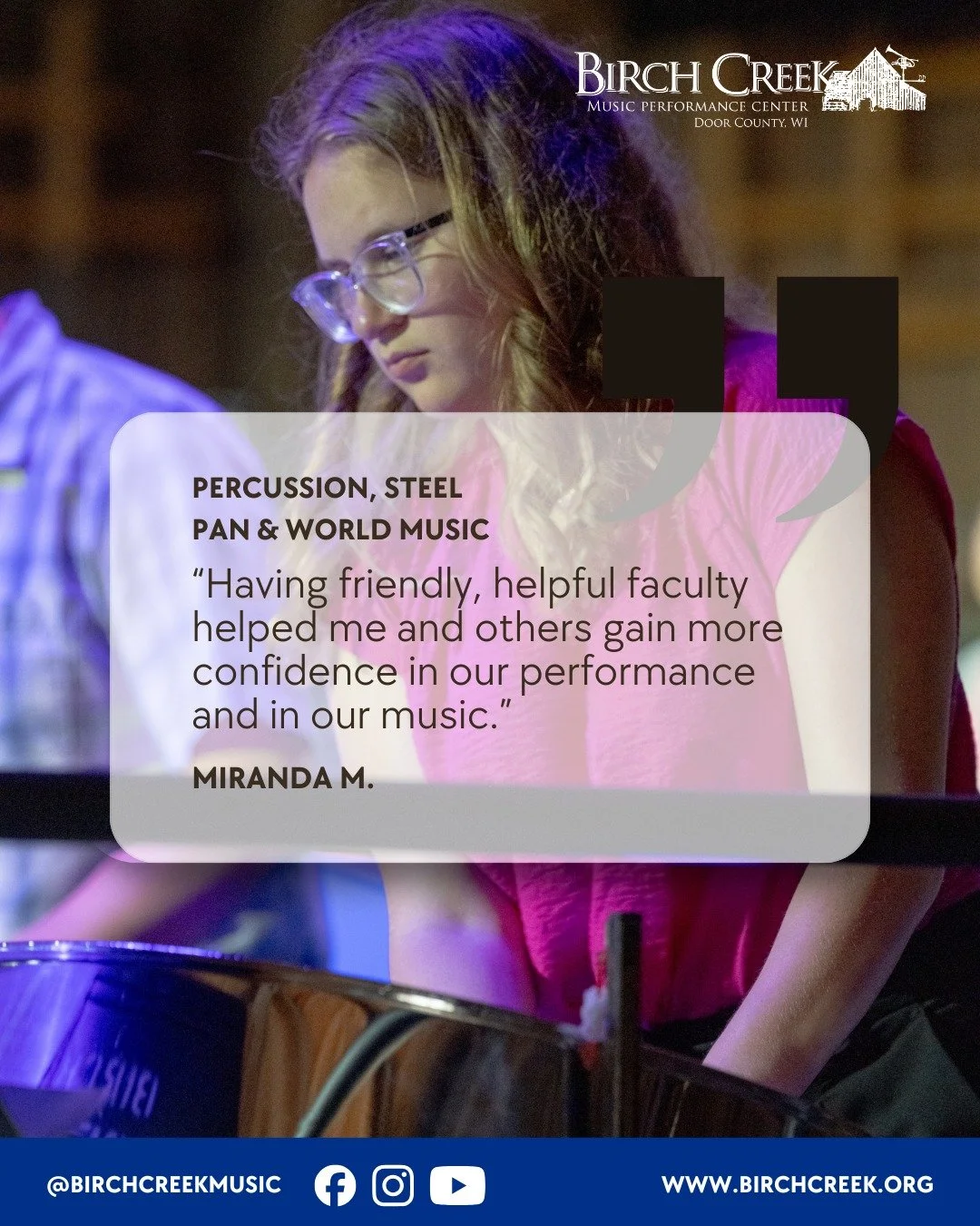 Confidence boost, guaranteed. 🎶

Student Miranda M.: &quot;Friendly, helpful faculty helped me gain more confidence in our music.&quot;

Join the 2026 Academy!

🥁 Percussion/Steel Pan
📝 NEW Composition Track

June 14 &ndash; 27, 2026
Scholarships 
