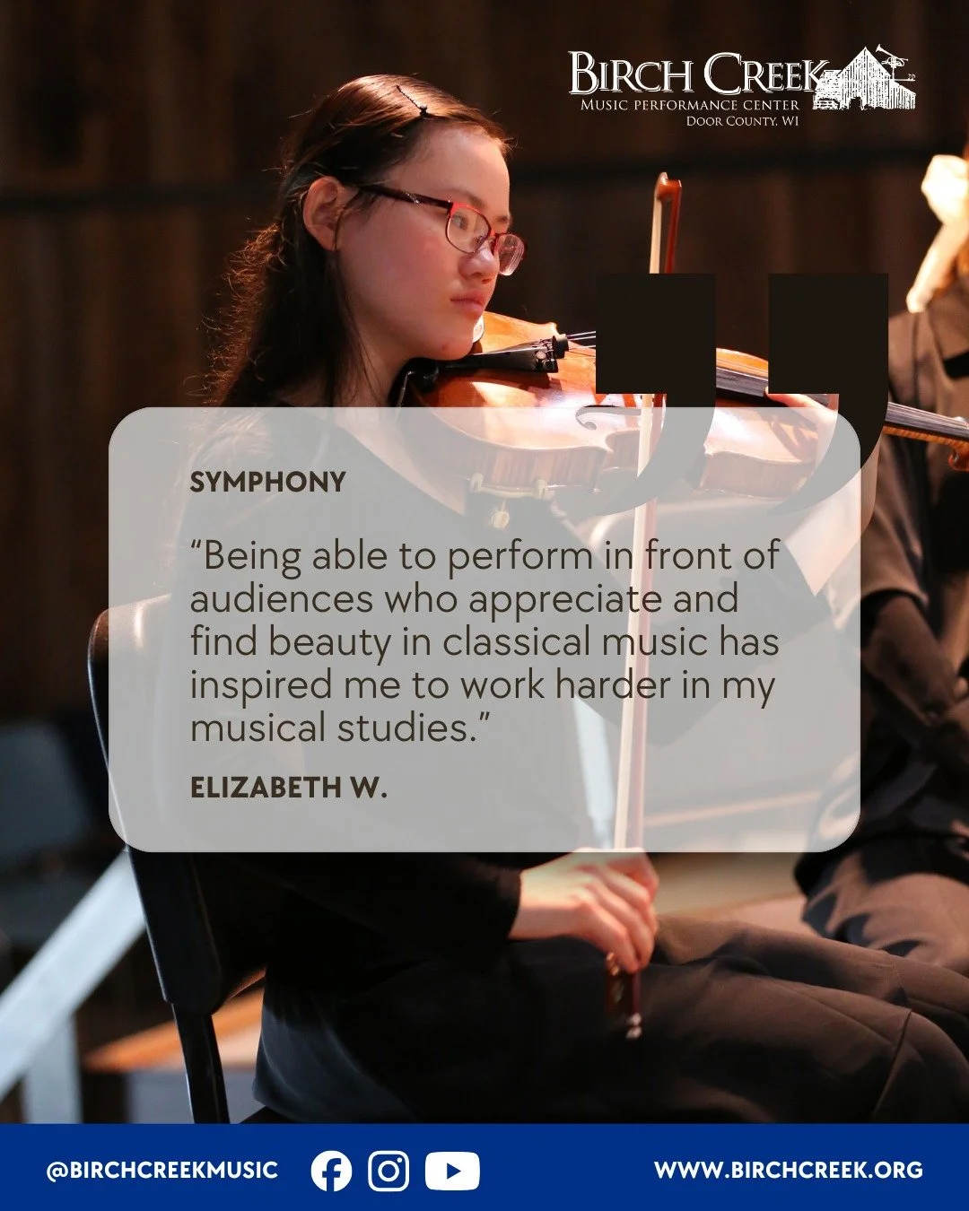 Find the inspiration to push your practice! 🎻✨

Elizabeth W. on her Symphony experience: "Being able to perform... has inspired me to work harder in my musical studies."

Join the 2026 Symphony Session!
Dates: June 28 &ndash; July 11, 2026