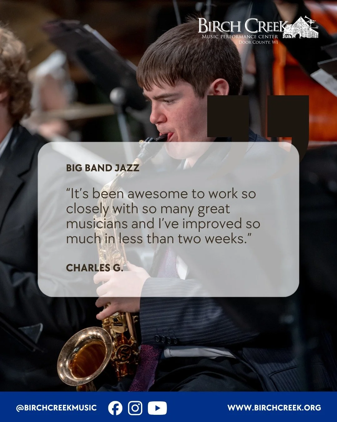 Two weeks. HUGE improvement. 🎷🔥

Charles G. on the Big Band Jazz experience: "I've improved so much in less than two weeks" working with great musicians!

Ready to level up your playing this summer? Choose your session:
Jazz I: July 12 &n