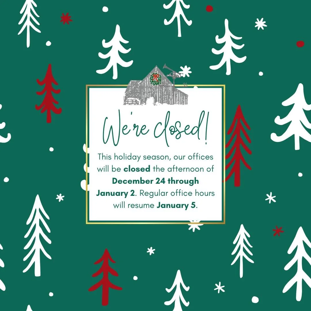 ✨ Holiday Season Office Closure Notice ✨

This holiday season, please note that our offices will be closed starting the afternoon of Wednesday, December 24th and will remain closed through Friday, January 2nd.

We look forward to serving you when reg