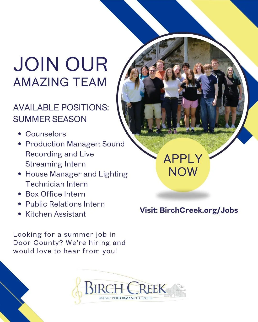 ☀️ Dreaming of a summer filled with music, learning, and unforgettable experiences in beautiful Door County? Join our amazing team at Birch Creek Music Performance Center! We're hiring for a variety of summer staff positions.

Whether you're passiona